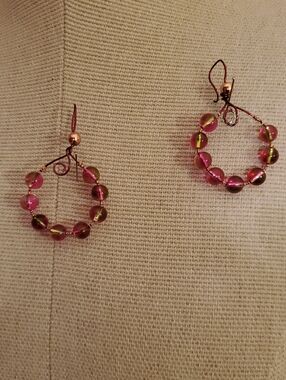 Handcrafted Pink Glass Bead Hoop Earrings